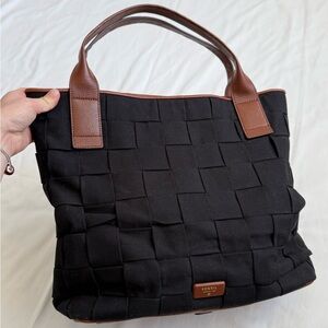Fossil Emerson Woven Canvas Tote Bag Brown Leather Trim Travel Shoulder Bag